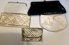 Lot of 5 Vintage Clutch Purses. White, Gold, Beaded, Black Leather.