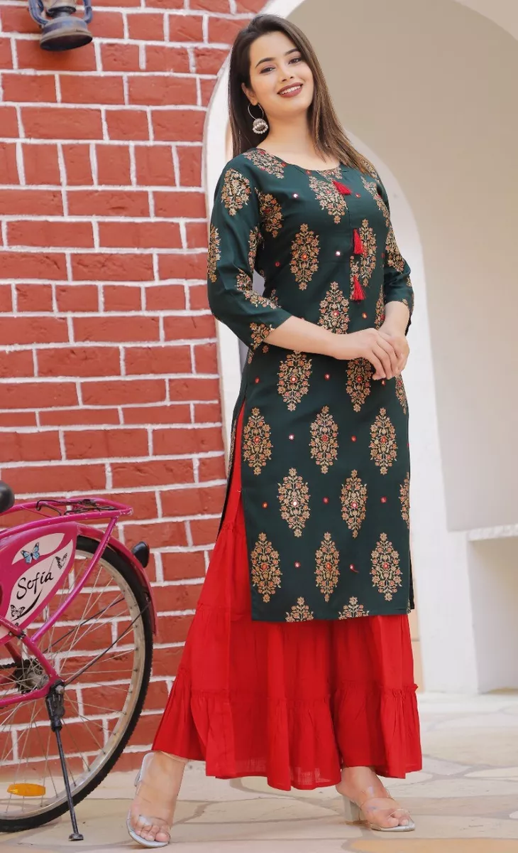 Women's Cotton Floral Print Straight Kurti Palazzo Set - Miravan - 3960976