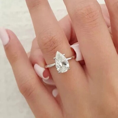 2.60 CTW Moissanite Hidden Halo Pear Cut 14K White Gold Plated Engagement Ring