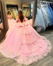 Princess Pink Quinceanera Dresses with Big Bow Ruffles Sweet 15 16 Ball Gowns