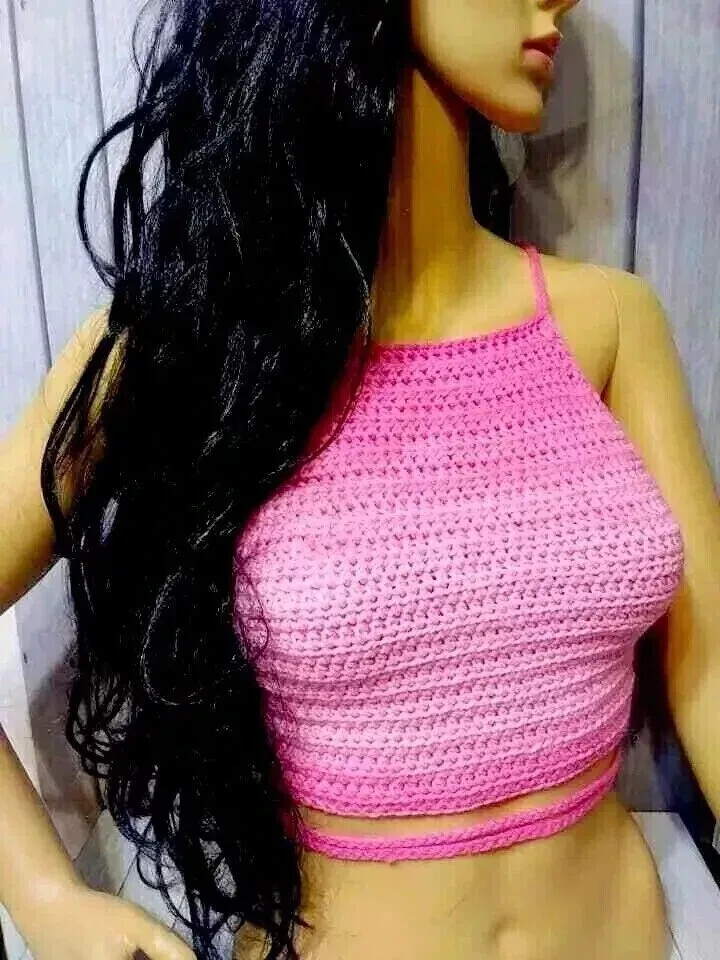 handmade crochet womans boho summer top crop festival M/L pink ombre USA made