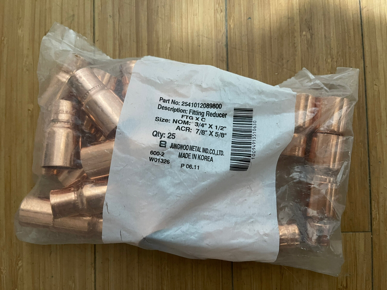 3/4" x 1/2" COPPER FITTING REDUCER COUPLING ACR 7/8"x 5/8". BAG OF 25.