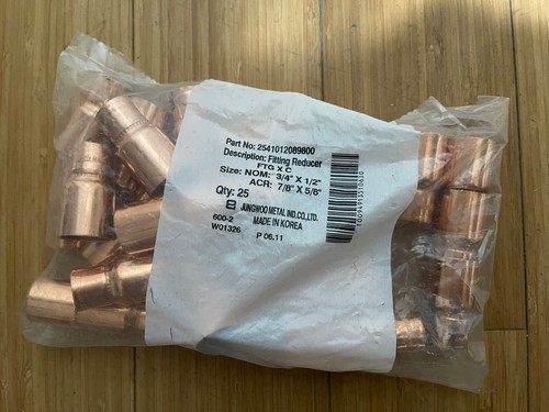 3/4" x 1/2" COPPER FITTING REDUCER COUPLING ACR 7/8"x 5/8". BAG OF 25.