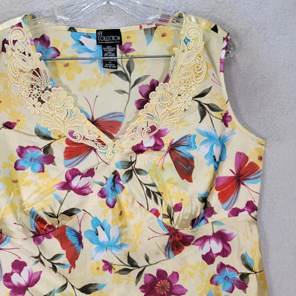 Blusa sin mangas excéntrica de encaje satinado floral amarilla Y2K para mujer talla grande 1X Foto 3 de 4