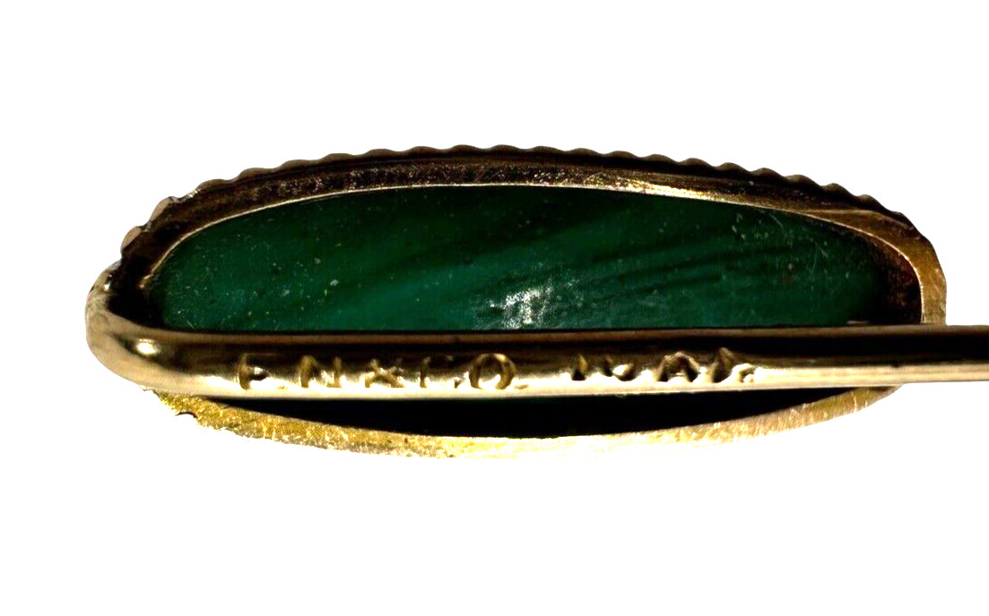 Signed Solid 10K Yellow Gold Malachite Stick Pin - image 5