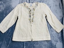 Chico  s Linen Blend Blazer Jacket 1 Medium Metallic Jeweled Embroidered