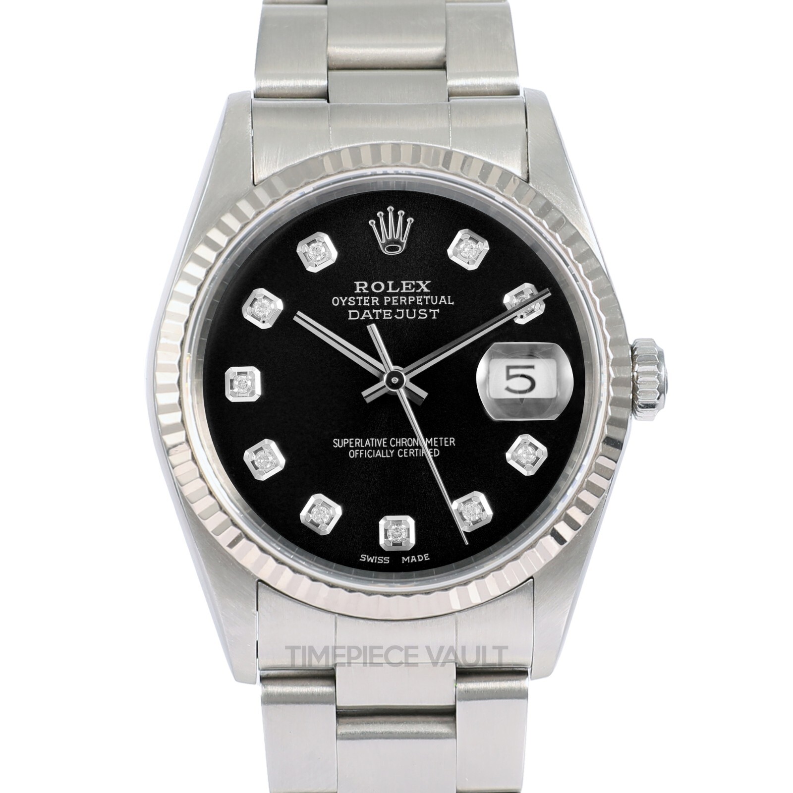 ROLEX MEN DATEJUST 36MM STEEL WATCH BLACK DIAMOND DIAL 18K GOLD FLUTED BEZEL-B&P