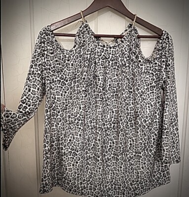 Michael Kors Blouse Shirt XL Leopard Print Peek A Boo Cold Shoulder 3/4  Sleeve