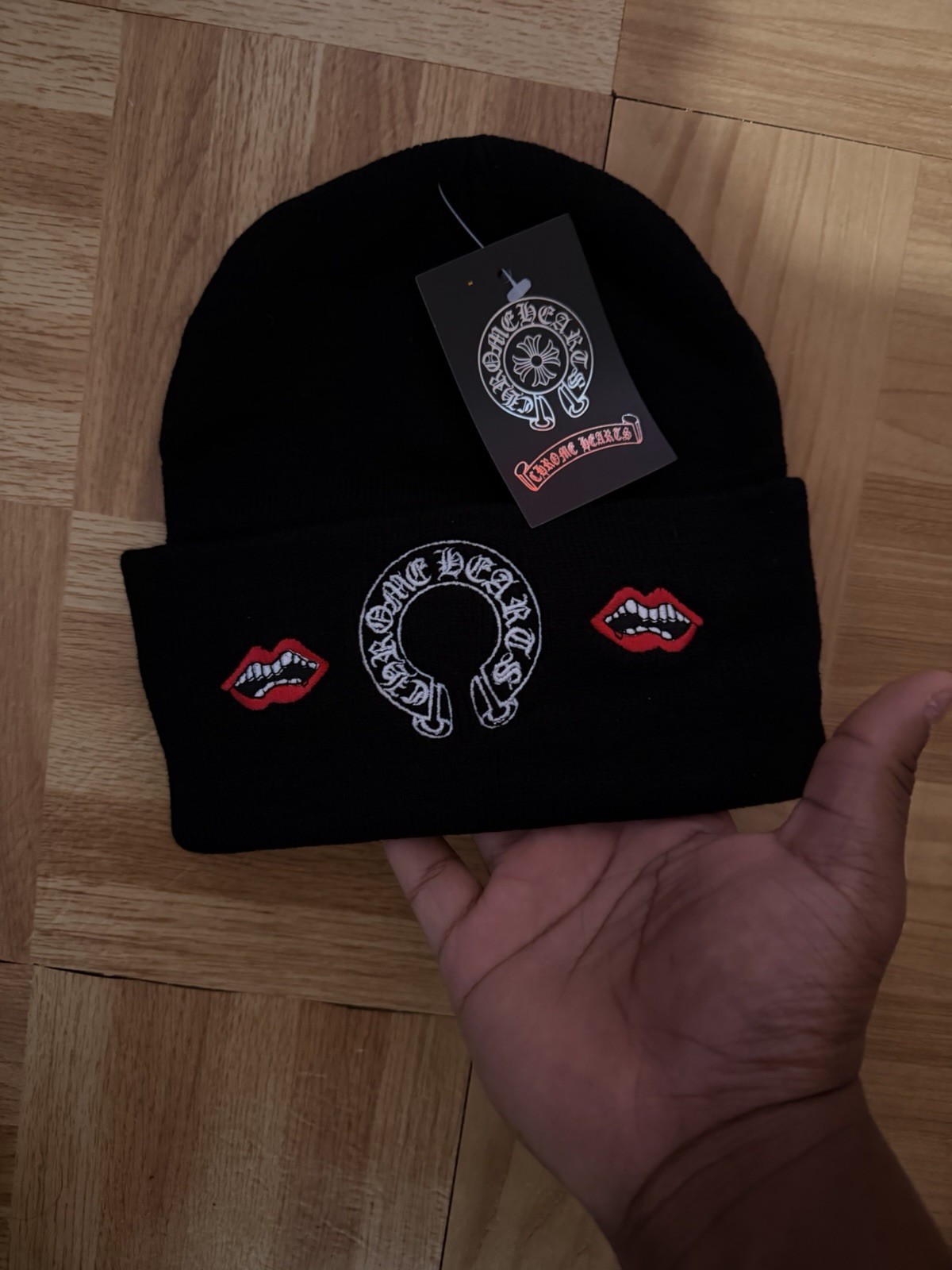 Chrome Hearts Black Knit Beanie with Lips Graphic and Horseshoe Logo thumbnail 3