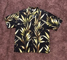 Vintage Tommy Bahama Mens L Silk Camp Shirt Black Palm Leaf Wheat Button Up