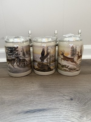 Vintage Domex German Collectible Steins Collection of 3-Wolf, Eagle, Deer-New