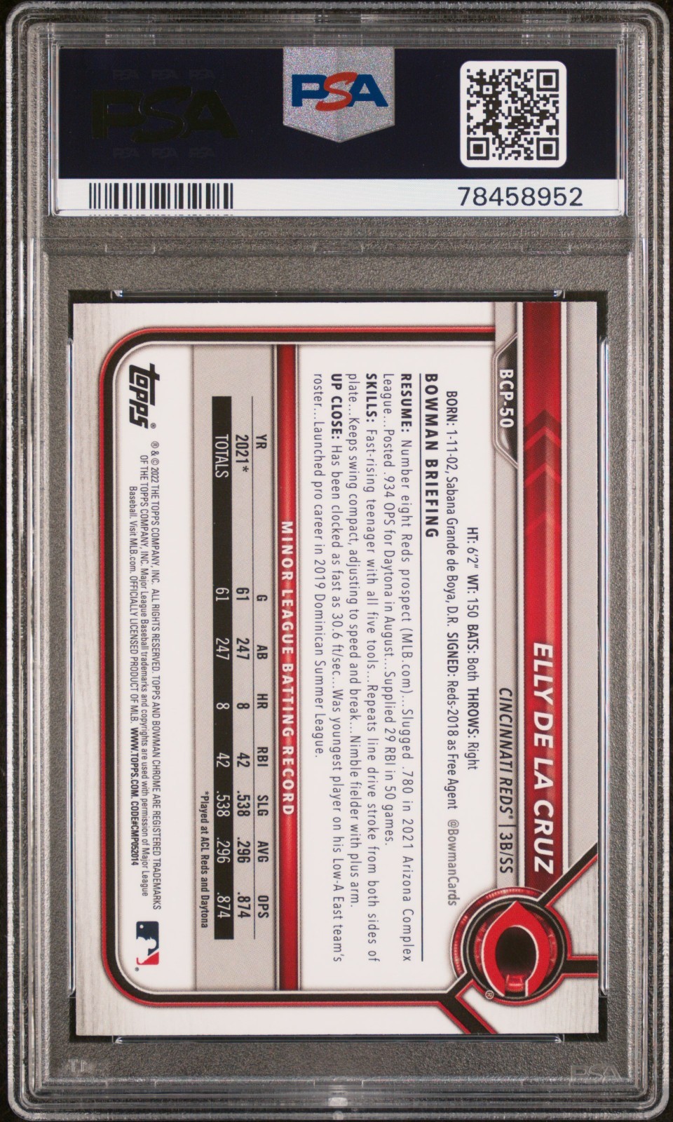 2022 Bowman Chrome Mega Box Prospects #BCP50 Elly De La Cruz - PSA 10 view 2