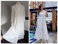 Zara White Lightweight Cotton Broderie Tiered Midi Shirt Dress Small Flaw XL