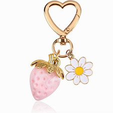 Gold Heart Clasp Key Chain Bag Charm w/ Pink Strawberry  Daisy Detachable Charm