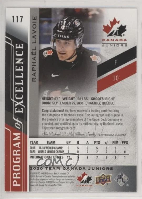 2020-21 Team Canada Juniors Program of Excellence Autos Raphael Lavoie #117 Auto - Image 2 of 2