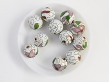 Vintage White Cloisonne Chinese Enamel Beads, Size 10 mm, Lot of 11