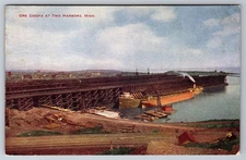 Ore Docks Cargo Ship Train Track Two Harbors MN C1910s Postcard AA18