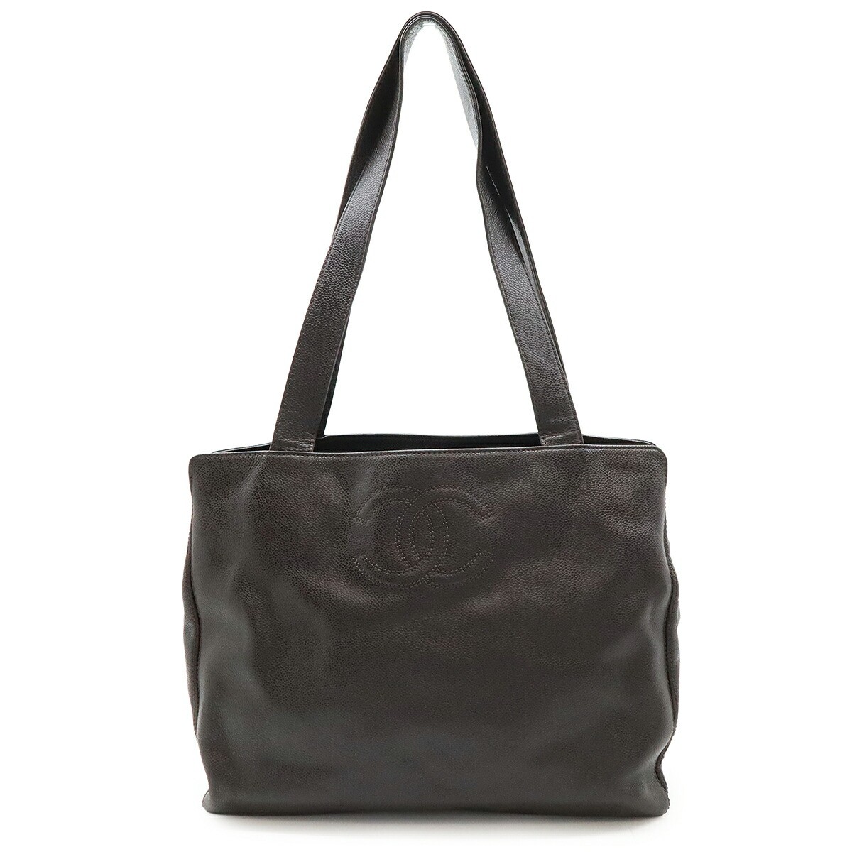 Chanel Tote Bag Shoulder Semi Caviar Skin Leather Dark Brown Used