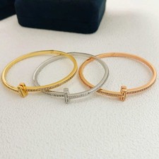 New Women Crystal-Embellished T-Design Bangle Bracelet Gold/Silver/Rose Gold 