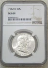 1962-D Franklin Half Dollar NGC MS64 90% FBL Frosty Just Graded New Holder #P253