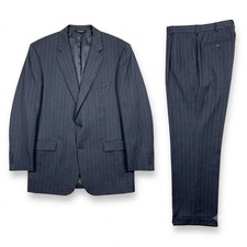 Jos A Bank Wool Suit Gray Striped Mens 46 XL Jacket 40x32 Pleated Cuffed Pants