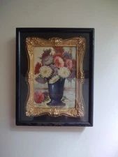 Vintage Shadowbox Chrysanthemums Art Ornate Gold-Tone Frame 3D Relief Style