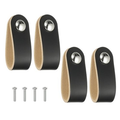 4 Pcs Leather Drawer Pulls Single Hole Leather Handle with Screws Black