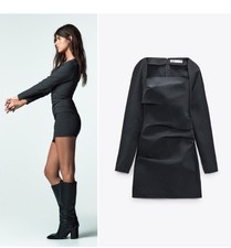 $70 Zara Pleated square neck bodycon ruched dress- charcoal gray XS