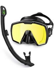 Adult Dry Snorkel Set Scuba Diving Mask with Nose Cover Mirrored Gold Lens, T...