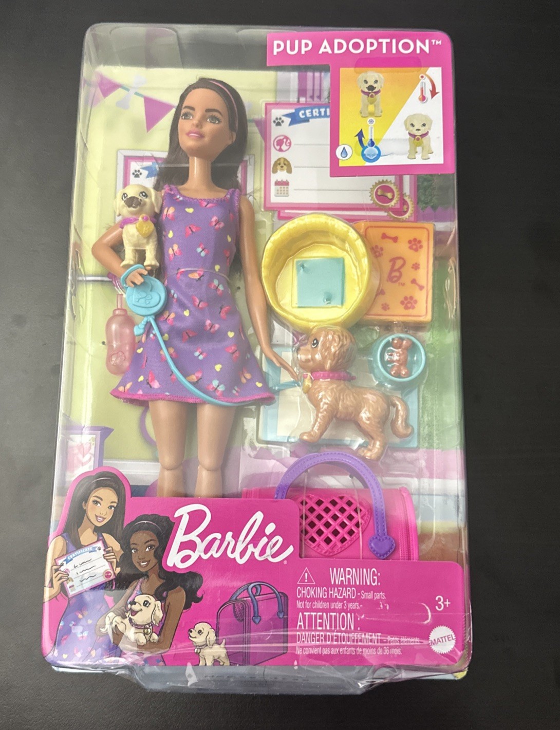 Barbie Pup Adoption Playset and Doll with Brown Hair, 2 Puppies and Color Change