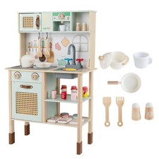 Kids Play Kitchen Wooden Pretend Kitchen Playset with Rattan Doors Wood Legs