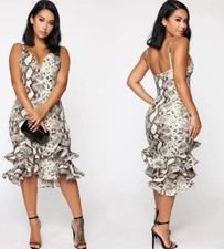 Fashion Nova Women’s Snake Print Midi Dress with Ruffles L NWT