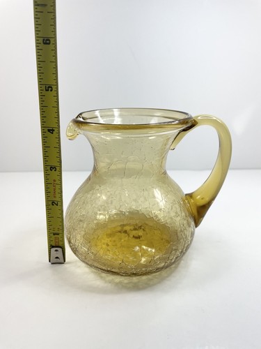 Vintage Small Amber Crackle Glass Pitcher Hand Blown - Picture 3 of 7
