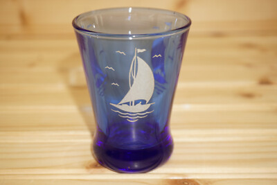 Hazel Atlas Ships Blue w/Dirty White Sails (1) Whiskey Glass, 3 1/4''  (B2