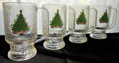 Indiana Glass 4 Clear Crystal Ice Decorated Holiday 15 oz Mugs Tankards