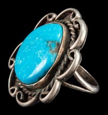 Vintage Native American Sterling Silver  Filagree Turquoise Ring 10.0 Grams