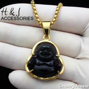 Authentic 18-36" 3mm Gold Plated Box Chain Black Onyx Buddha Pendant*AG123