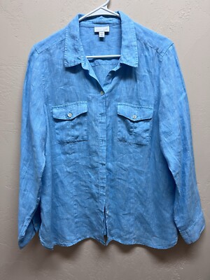 J. Jill Linen Oversized Reg Fit Button-Down Women Shirt Blue Long Sleeve Sz L/P