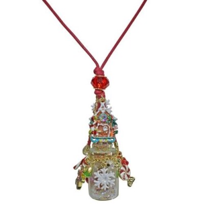 KIRKS FOLLY GINGERBREAD HOUSE CHRISTMAS CHARM BOTTLE NECKLACE RED CORD GOLD TONE