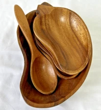 Vintage Monkey Pod Salad Set 6 Piece Serving Bowl Spoon & 4 Bowls 1973 Hawaii