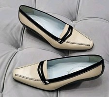 Tod's Black Beige Leather Kitten Heels Slip On Penny Loafer Women Shoe 6.5 7.5