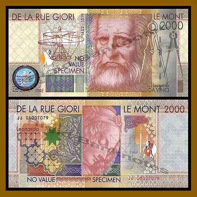 De La Rue Giori 2000 Le Mont Test Note Specimen Leonardo Da Vinci