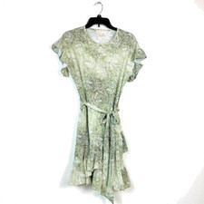 Michael Kors Women Petite PM Army Green White Paisley Ruffled Tie Dress NWT BO15