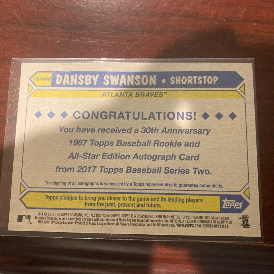 DANSBY SWANSON 2017 Topps Baseball Rookie Card 30th #1987-DSW RC AUTO - Image 2 of 2