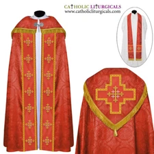Red Cope & Stole Set With Jerusalem Cross Embroidery, Capa pluvial,Far Fronte
