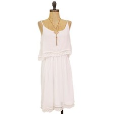 New Look Layered Dress M Spaghetti Strap Lace Trim Chiffon White Summer EUC B4