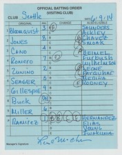 6-9-14 Seattle Mariners - Game Used Lineup Card - Robinson Cano & Kyle Seager