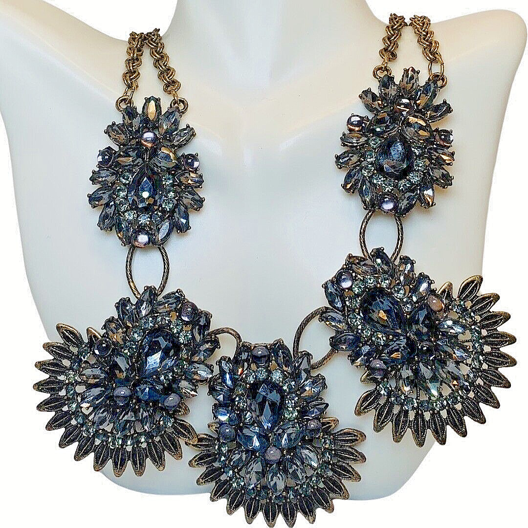 Gray Rhinestone Necklace Flower Statement  22” Go… - image 2