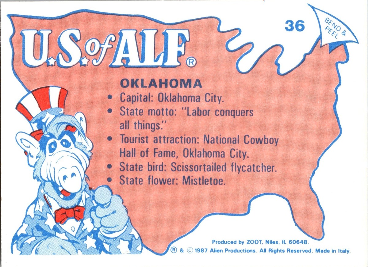 Trade Card US of Alf 1st Series Oklahoma Sticker Back Patriotic