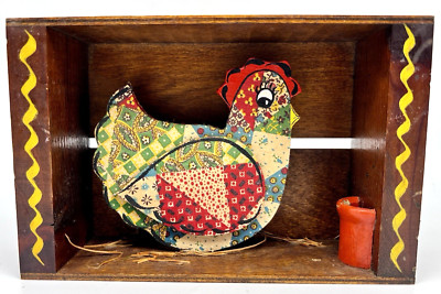 Hand Crafted Calico Fabric Covered Chicken Hen in a Wood Box Crate 7.75'' X 5.5''